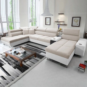 Narożnik z funkcją spania Dafni V jasny beż / biały prawostronny velvet wygodny i komfortowy narożnik z regulowanymi zagłówkami