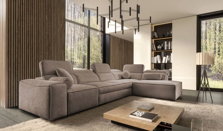 Narożnik z funkcją spania Viano XI jasny brąz prawostronny modny i stylowy narożnik z regulowanymi zagłówkami ozdobne poduszki