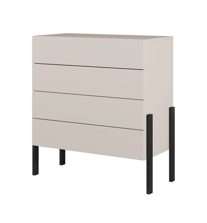 Komoda z szufladami Jukon S 80 cm beżowa gustowna forma mebla w nowoczesnym stylu system otwierania push to open metalowe czarne nogi