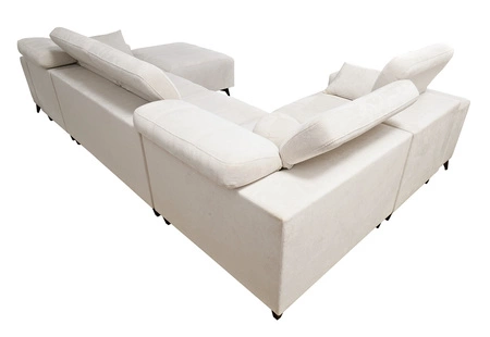 Narożnik z funkcją spania Penejos IV Lux niebieski prawostronny stylowy narożnik rozkładany z komfortowym wysuwanym podnóżkiem