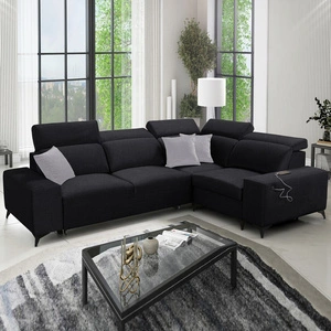 Narożnik z funkcją spania Kelly Sleek II czarny prawostronny elegancki narożnik do salonu wykonany z wytrzymałej plecionej tkaniny