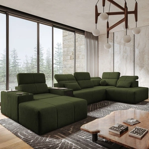 Narożnik z funkcją spania Tesalia V zielony lewostronny komfortowy narożnik z szufladą oraz funkcją przesuwanego oparcia