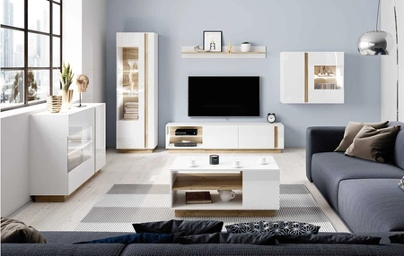 Komoda z szufladami Adria 138 cm biały połysk / dąb grandson nowoczesny design mebla obrzeża komody wykończone specjalną okleiną ABS