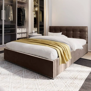 Łóżko tapicerowane Montigo 160x200 jasny brąz z pojemnikiem w nowoczesnym skandynawskim stylu z pikowanym zagłówkiem