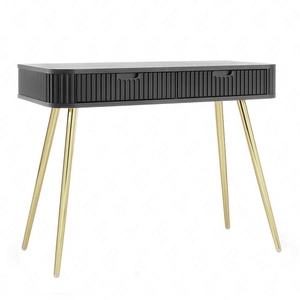 Konsola Zoya czarna z szufladami stylowa oraz funkcjonalna toaletka zaoblony kształt bryły ryflowane fronty szuflad złote nogi