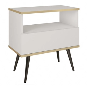 Szafka nocna z szufladą Luxury biała elegancki design korpus zwieńczony złotą listwą szafka wsparta na czarnych metalowych nogach