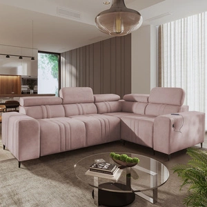 Narożnik z funkcją spania Castel II różowy prawostronny komfortowy narożnik z regulowanymi zagłówkami pojemnik na pościel