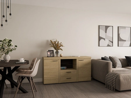 Komoda z szufladami Rene 156 cm dąb olejowany elegancki i uniwersalny styl komody do salonu gustowne czarne uchwyty