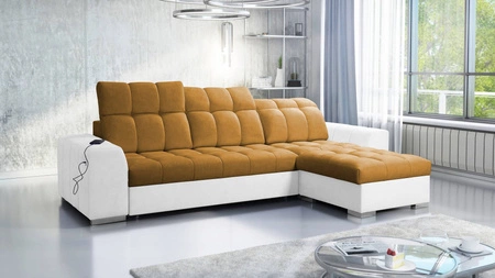 Narożnik z funkcją spania Luigi miodowy / biały prawostronny narożnik z dwoma pojemnikami na pościel tkanina o ciekawej strukturze