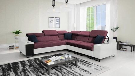 Narożnik z funkcją spania Alcamo III burgundowy / biały prawostronny funkcjonalny narożnik z szufladą w boczku dwa pojemniki na pościel