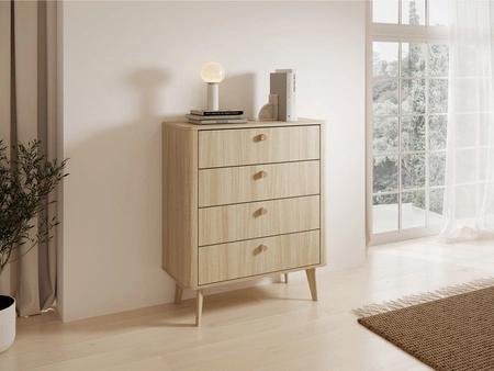 Komoda z szufladami Viki 88 cm dąb barista oryginalny design komoda wsparta na wysokich drewnianych nogach zaoblony kształt