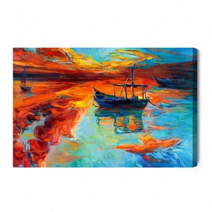 Obraz na płótnie malowane łódki na morzu 100x70 cm ponadczasowa ozdoba każdego wnętrza wyrazista kolorystyka wysoka jakość wykonania