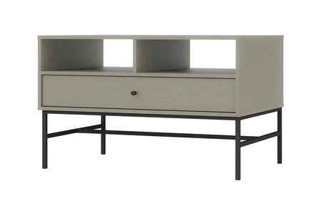 Zestaw mebli do salonu Kioto III eukaliptus stylowy design eleganckie meble wsparte na metalowym czarnym stelażu subtelne uchwyty