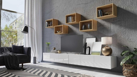 Meblościanka Apulia XXXII biały połysk / dąb złoty wyjątkowo stylowa meblościanka proste bryły wpisujące się w każde wnętrze