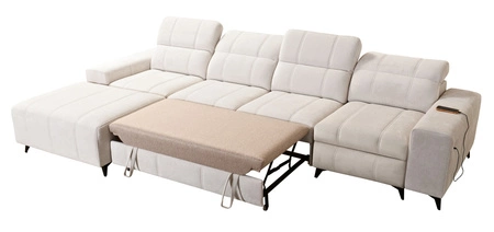 Narożnik z funkcją spania Penejos XII Lux beżowy lewostronny stylowy narożnik rozkładany z komfortowym wysuwanym podnóżkiem