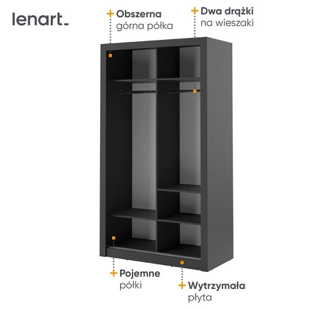 Szafa przesuwna z lustrem Arti 120 cm czarna funkcjonalna szafa do sypialni lub pokoju młodzieżowego drzwi szafy wykończone lustrami