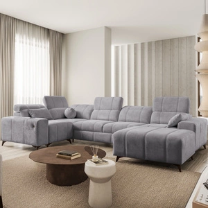 Narożnik z funkcją spania Penejos IV jasny szary prawostronny stylowy narożnik rozkładany z dwoma pojemnikami na pościel trwała tkanina