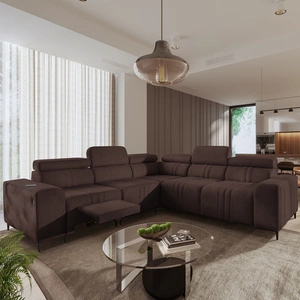 Narożnik z funkcją spania Castel III Lux brązowy lewostronny niezwykle komfortowy narożnik do salonu z wysuwanym podnóżkiem