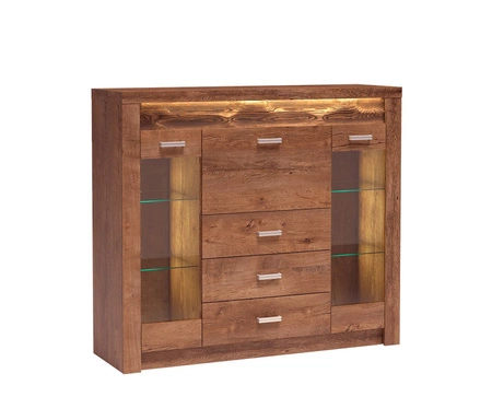 Komoda z szufladami Indiana 137 cm jesion jasny elegancka stylistyka komody z przeszkleniem ozdobna deska na froncie komody oświetlona LED