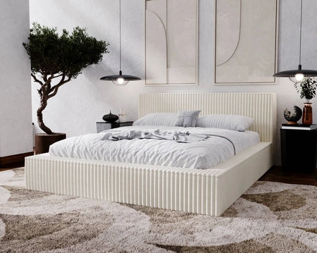 Łóżko tapicerowane Tilo 180x200 kremowe nowoczesny design łóżko z pojemnikiem na pościel z komfortowym zagłówkiem tkanina z wyrazistymi prążkami