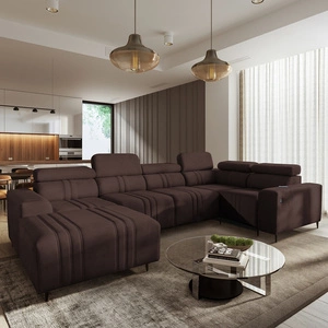 Narożnik z funkcją spania Castel IV brązowy lewostronny stylowy narożnik z pojemnikami na pościel i regulowanymi zagłówkami