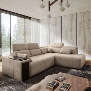 Narożnik z funkcją spania Tesalia VII beżowy prawostronny nowoczesny design komfortowe przesuwane oparcie szuflada w boczku mebla