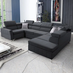 Narożnik z funkcją spania Rava V grafitowy prawostronny komfortowy narożnik z pojemnikami na pościel oraz wielofunkcyjną lampką