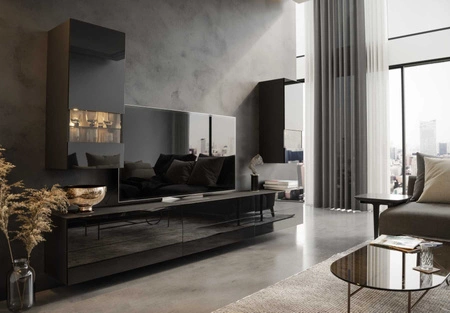 Meblościanka Pirgos czarna / czarny połysk minimalistyczny design meblościanka do salonu lub pokoju dziennego system push to open