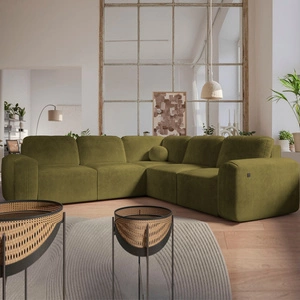 Narożnik z funkcją spania Arbon III oliwkowy prawostronny wyjątkowo stylowy narożnik z pojemnikiem na pościel unikalny obły kształt