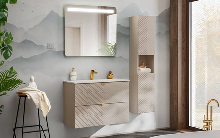 Szafka pod umywalkę Viva 80 cm beżowa praktyczna szafka do łazienki z ciekawym frezowaniem w kształcie jodełki pojemne szuflady