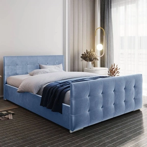 Łóżko tapicerowane Verlan 160x200 błękitne z pojemnikiem w nowoczesnym skandynawskim stylu z pikowanym zagłówkiem oraz zanóżkiem