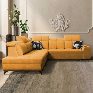 Narożnik z funkcją spania Buffalo IX żółty lewostronny stylowy narożnik do pokoju wykonany z welurowej tkaniny ozdobne poduszki