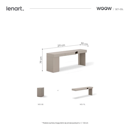 Biurko z kontenerkiem Woow 211 cm clay grey lewe funkcjonalne biurko młodzieżowe z możliwością obustronnego montażu