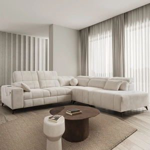 Narożnik z funkcją spania Penejos IX kremowy prawostronny stylowy narożnik z pojemnikami na pościel wygodne regulowane zagłówki