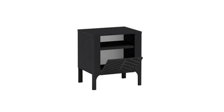 Szafka nocna Malumi czarna elegancka szafka do sypialni osadzona na wysokiej podstawie front z gustownym wzorem jodełki
