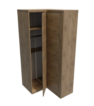 Szafa narożna Natural dąb ribbeck funkcjonalna szafa wyposażona w drążek na ubrania wiszące i półki metalowe srebrne uchwyty