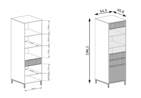 Witryna Linka 55 cm indigo geometryczny kształt designerskie wykończenie frontów ryflowaniami solidna metalowa podstawa
