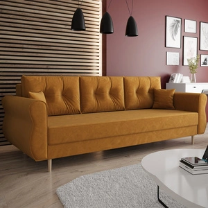 Sofa z funkcją spania Wilkins musztardowa elegancka sofa do salonu w stylu skandynawskim zaoblone boczki nadają charakteru