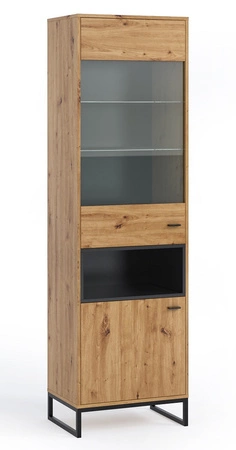 Witryna Olier 60 cm dąb artisan prosta forma nowoczesny design metalowy stelaż w kolorze czarnym witryna w stylu loftowym industrialnym