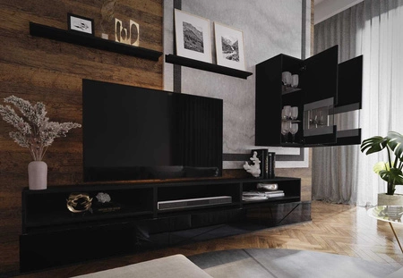 Meblościanka Kiria czarna / czarny połysk uniwersalna i stylowa meblościanka do salonu system otwierania drzwi i szuflad push to open