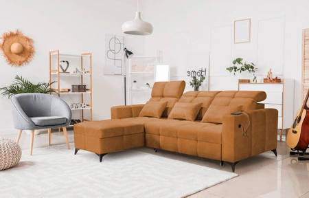 Narożnik z funkcją spania Laredo miodowy lewostronny komfortowy i stylowy narożnik rozkładany z pojemnikiem na pościel