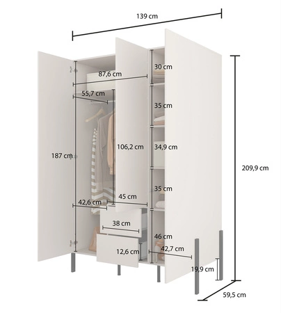 Szafa Jukon S 139 cm beżowa elegancka forma mebla w nowoczesnym stylu system otwierania push to open metalowe czarne nogi pojemne szuflady
