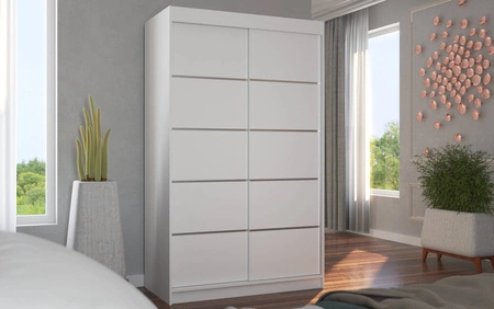 Szafa przesuwna Benisso 120 cm biała praktyczna i funkcjonalna szafa do sypialni fronty wykończone poziomymi srebrnymi listwami