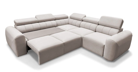 Narożnik z funkcją spania Cantare III beżowy prawostronny komfortowy i stylowy narożnik do salonu dwa pojemniki na pościel