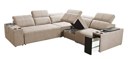 Narożnik z funkcją spania Tesalia III Lux beżowy prawostronny komfortowy narożnik z wysuwanym podnóżkiem funkcja przesuwanego oparcia