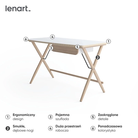 Biurko Match 135 cm biały / dąb jasny stylowe biurko z szufladą ergonomiczny blat subtelne połączenie funkcjonalności i elegancji