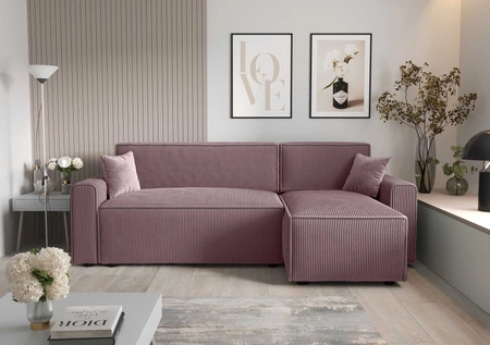 Narożnik z funkcją spania Brandon Bis wrzosowy prawostronny trójwymiarowa tkanina o wyrazistych prążkach pojemnik na pościel