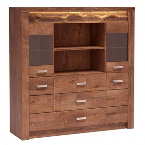 Komoda z szufladami Indiana 137 cm jesion jasny gustowna stylistyka komody z przeszkleniem ozdobna deska na froncie komody oświetlona LED