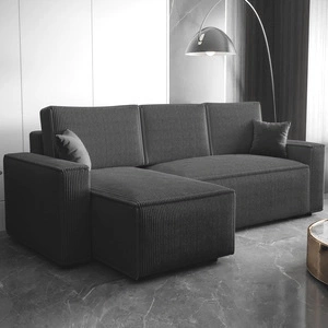 Narożnik z funkcją spania Nelo grafitowy lewostronny praktyczny i nowoczesny narożnik pokryty sztruksową tkaniną pojemnik na pościel