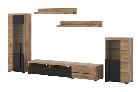 Meblościanka Roger dąb wotan / czarny gustowna stylistyka mebli wzbogacona o stylowe czarne dodatki idealna meblościanka do pokoju dziennego